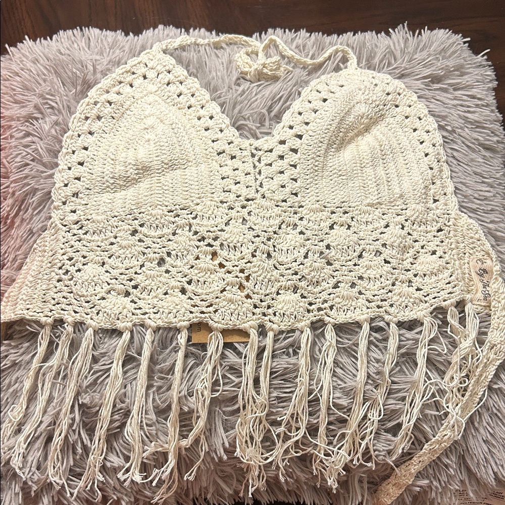 Crochet Fringe Bralette Tank Top - Cream